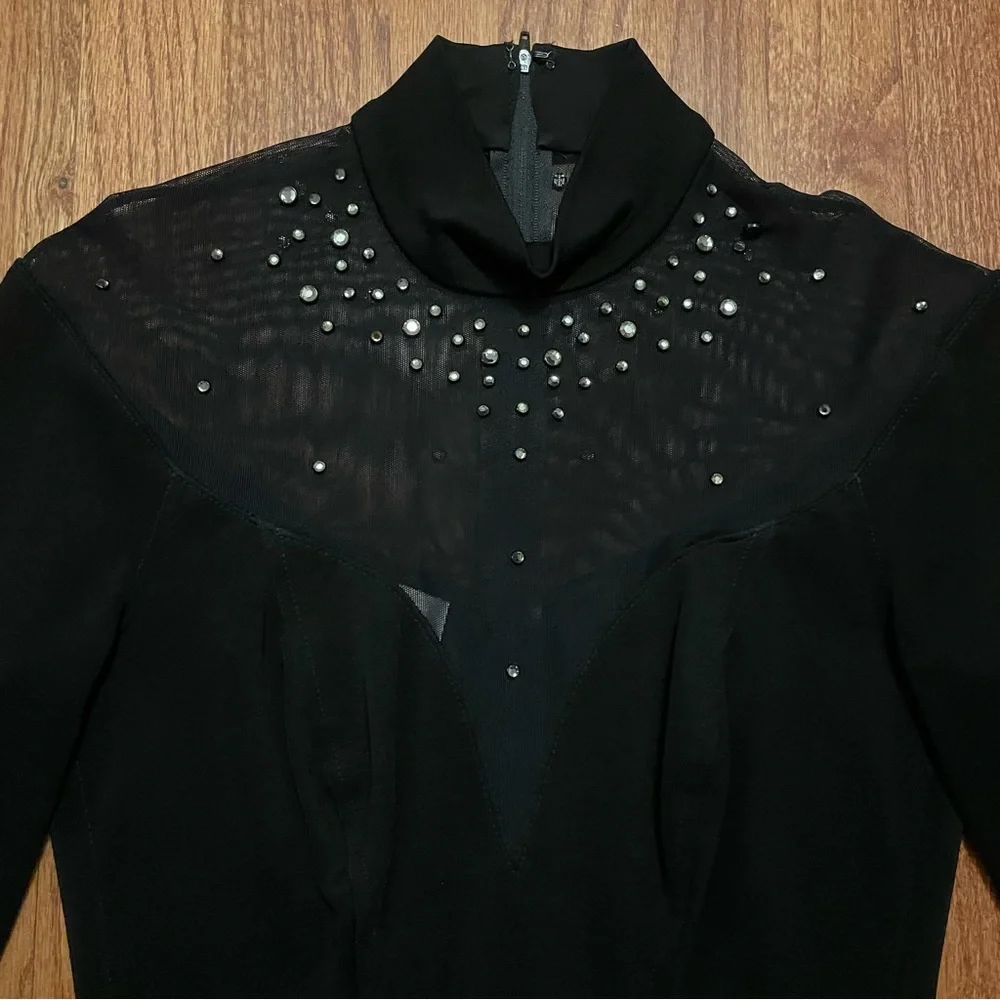 Tadashi Black Long Sleeve Rhinestone Embellished Mesh Thong Bodysuit size M - Picture 2 of 14